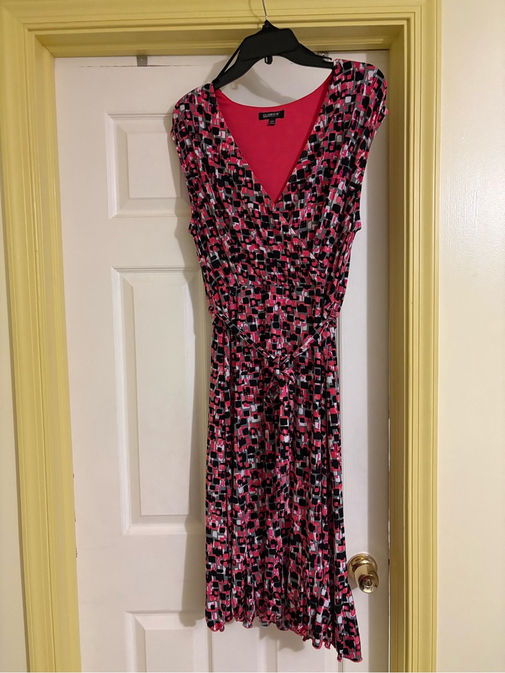 Glamour Geometric Faux Wrap Midi Dress Fuchsia Pink Black Plus Size 14W